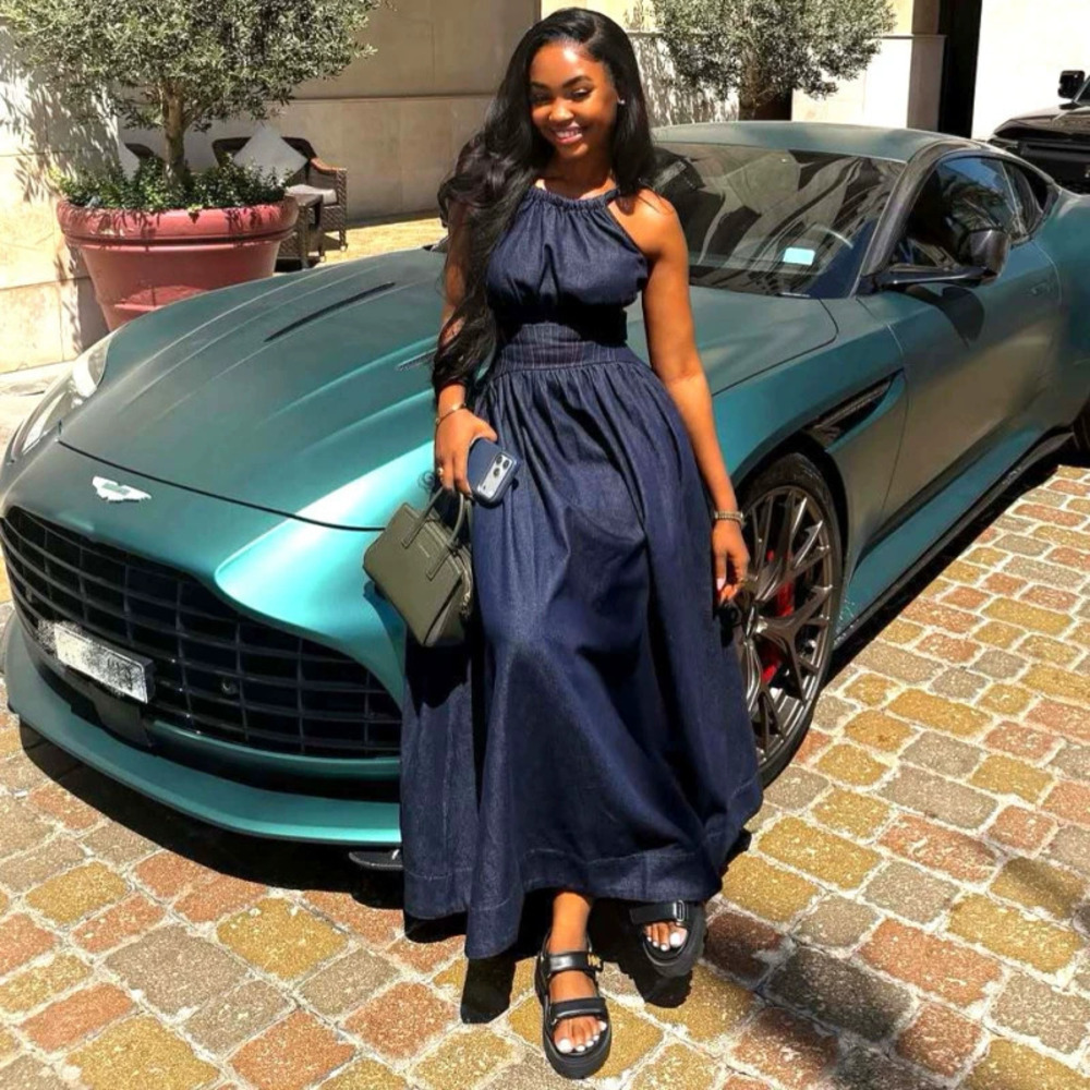 Elegant Blue Spaghetti Strap Bustier High Waist Flared Dress African Style